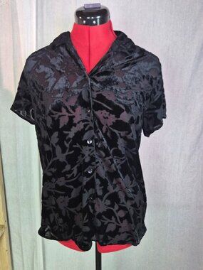 Vintage New Moves Womens Top Button Up Size XL Black Floral Sheer 90s Y2k G038